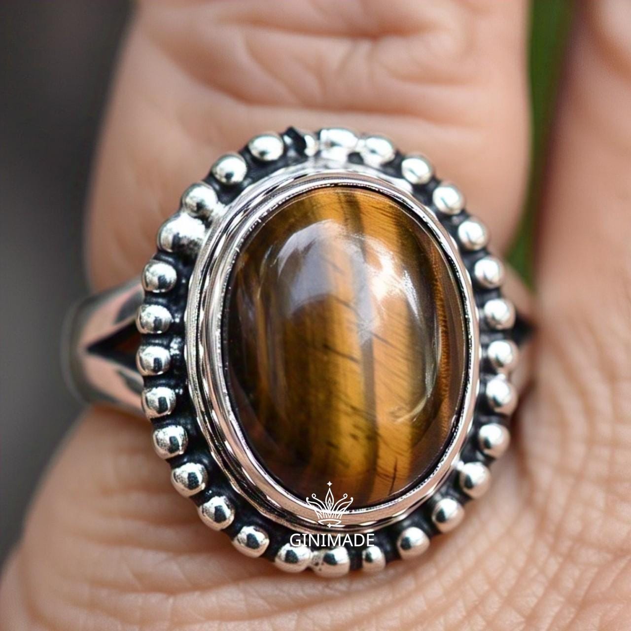Tiger Eye Ring in Oxidized Sterling Silver – Boho Statement Ring for Men & Women | Vintage Oval Crystal Jewelry.