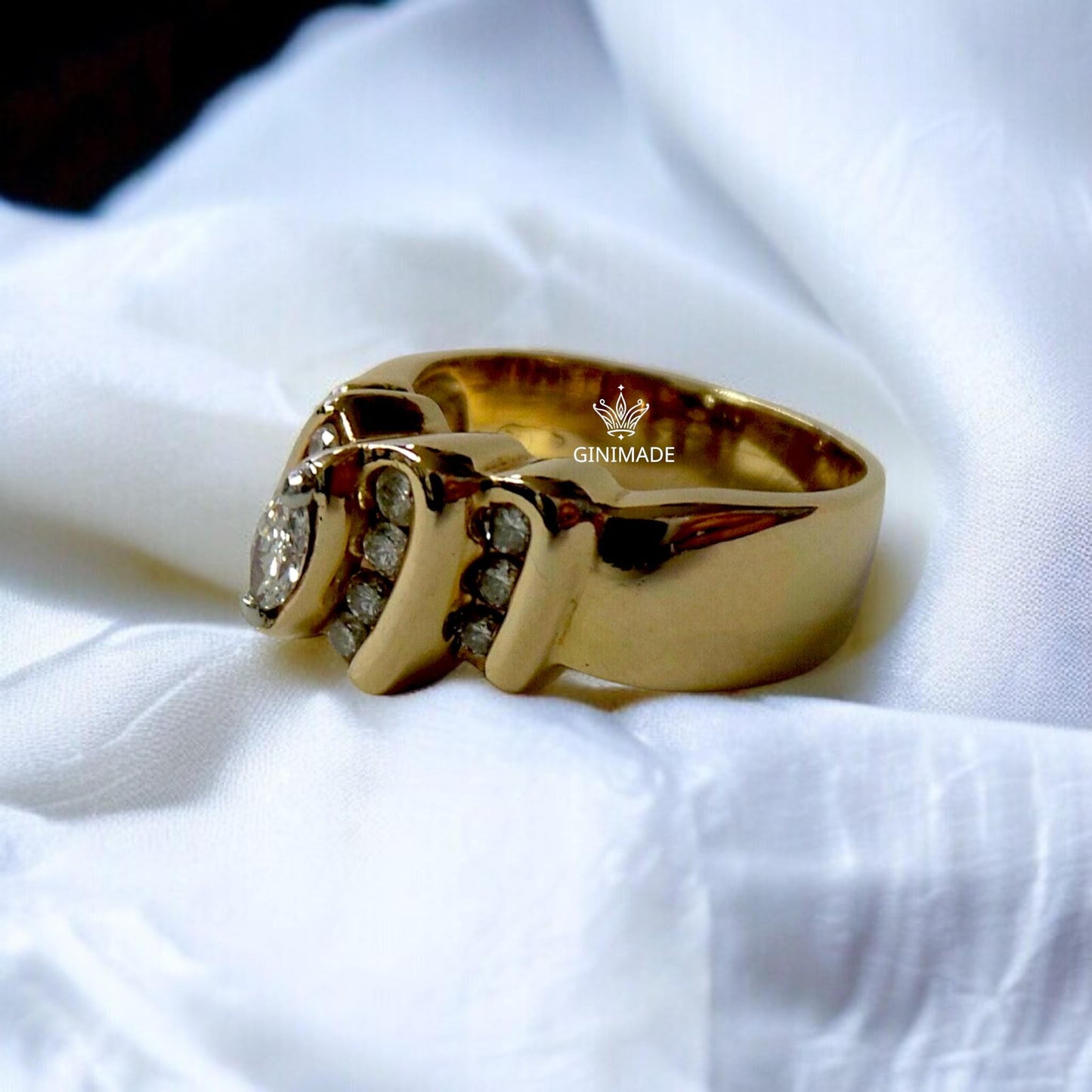 Vintage 925 Sterling Silver CZ Diamond Ring | Bold Retro Gold Plated Statement Ring | Men's Wide Band Jewelry | By Ginimade.