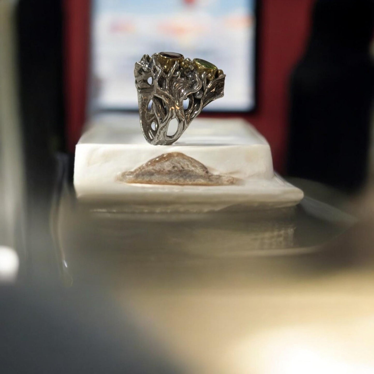 Handmade 925 Sterling Silver Statement Ring with Natural Peridot & Garnet | Artisan Textured Gemstone Ring | Unique Boho Jewelry for Her.