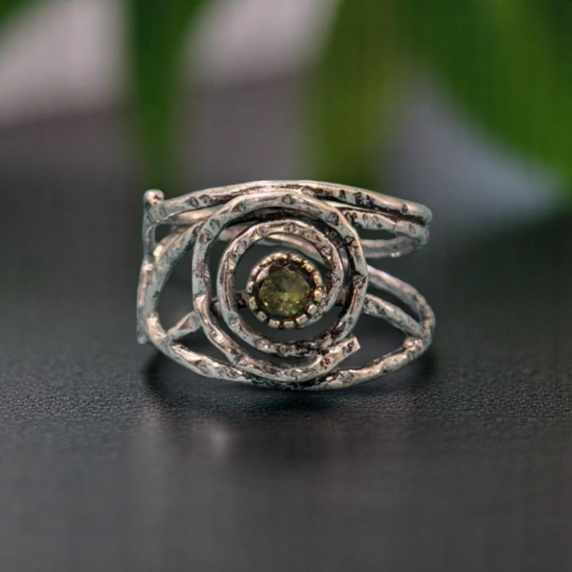 Boho 925 Sterling Silver Ring with Natural Peridot Gemstone  Handmade Spiral Statement Ring  Textured Silver Gemstone Jewelry for Her