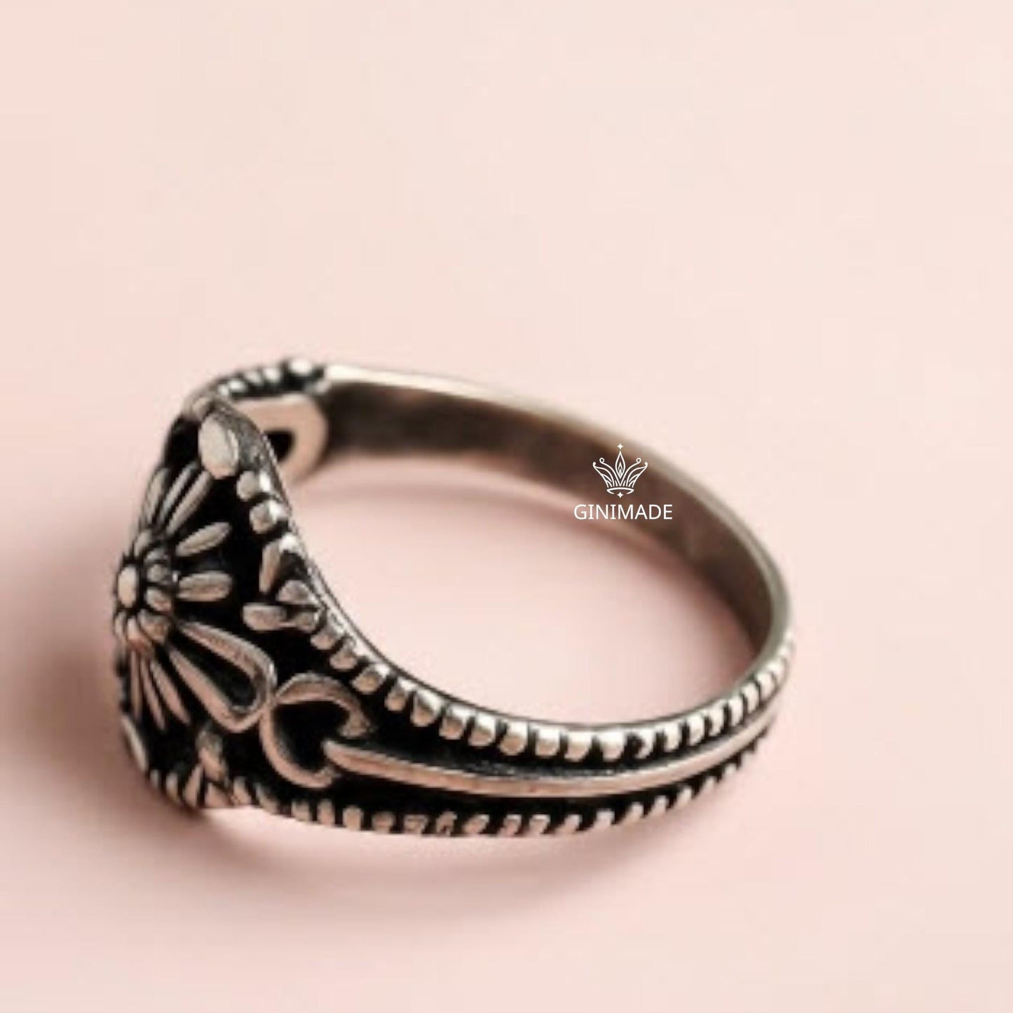Unique flower engraved silver ring handmade