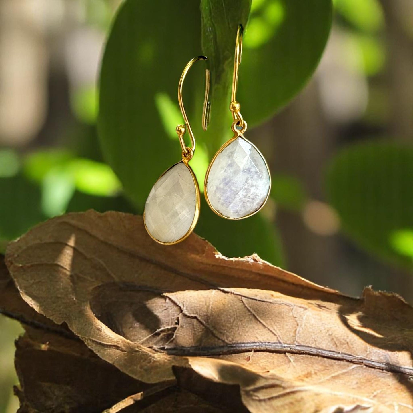 Moonstone Teardrop Earrings – Handmade 18K Gold Plated Dangle Earrings, Elegant Boho Jewelry for Women, June Birthstone Gift Faceted