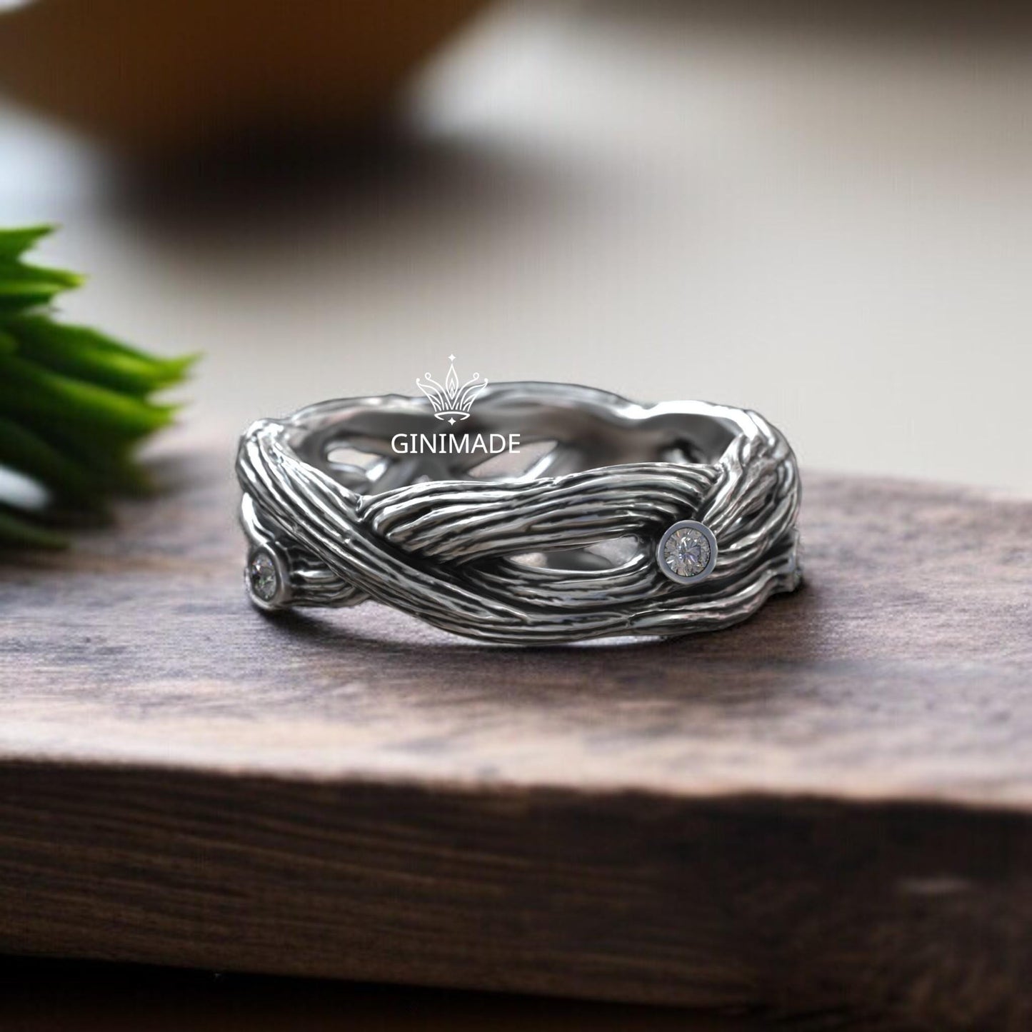 Boho Nature-Inspired Branch Ring – Sterling Silver Tree Bark Band with Diamonds – Organic Woodland Engagement or Promise Ring