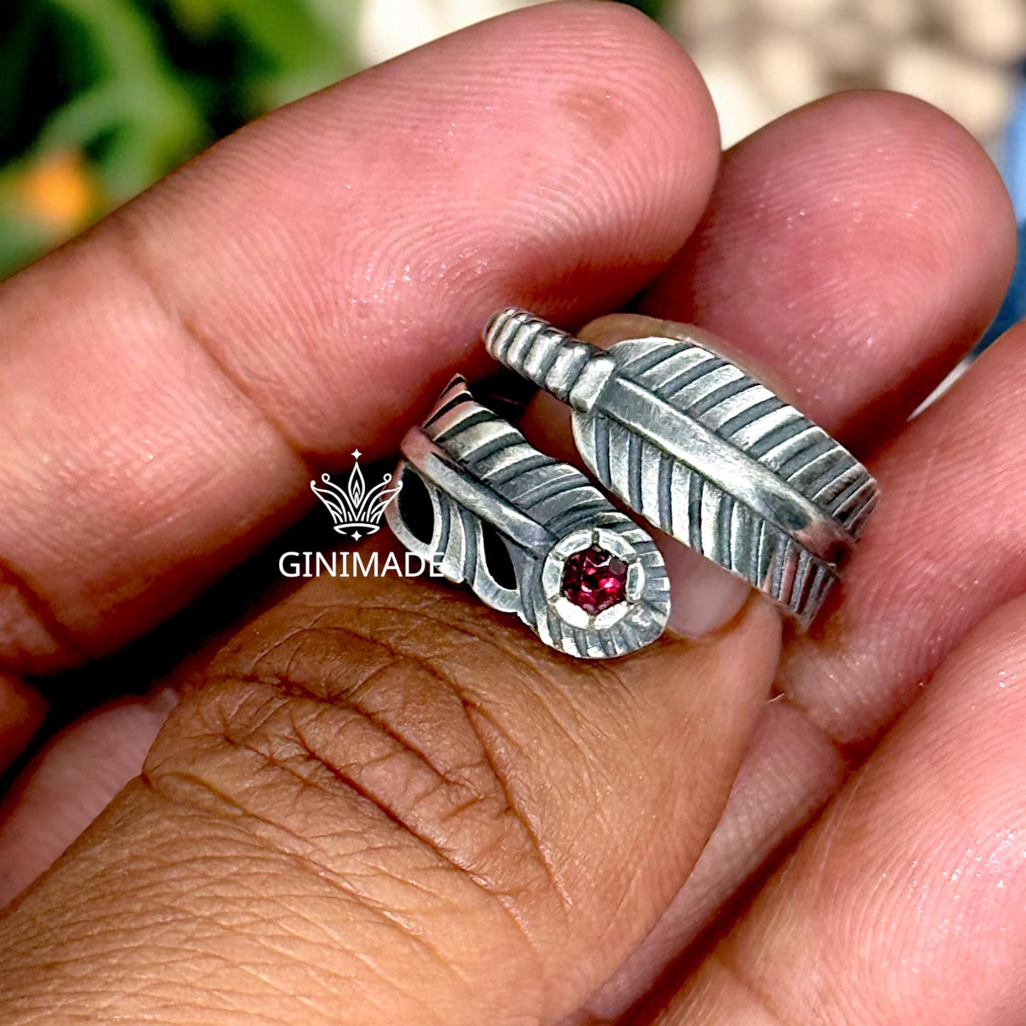 Feather Wrap Ring with Natural Rhodolite | 925 Sterling Silver Boho Ring | Adjustable Bird Feather Ring | Gift for Her | Handmade Jewelry.
