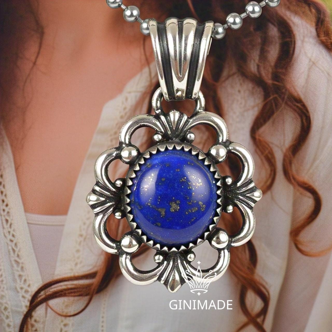 Lapis Lazuli Pendant Necklace – Vintage Boho Silver Filigree Jewelry – Handmade Blue Gemstone Charm – Statement Necklace for Women.