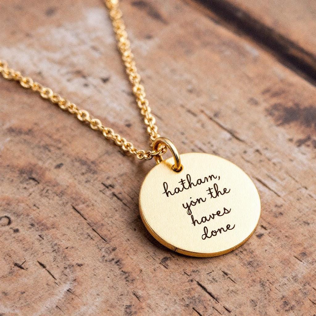 Custom Handwriting Disc Necklace • Memorial Signature Jewelry • Personalized Gold Engraved Necklace • Actual Handwriting Gift for Her