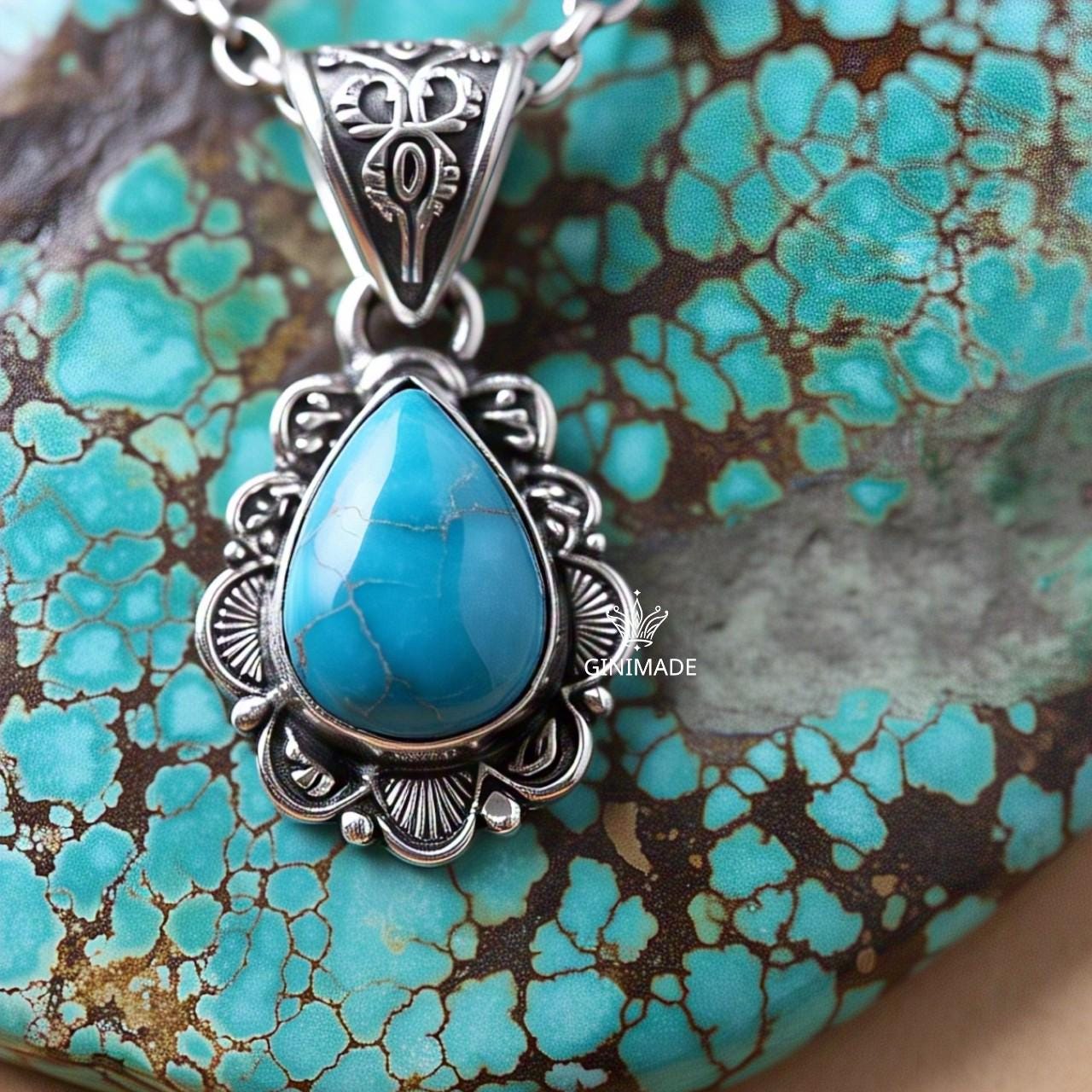 Copper turquoise Pendant Pear – 925 Sterling Silver Boho Necklace, Natural Gemstone Jewelry, Handmade Vintage Gift for Her