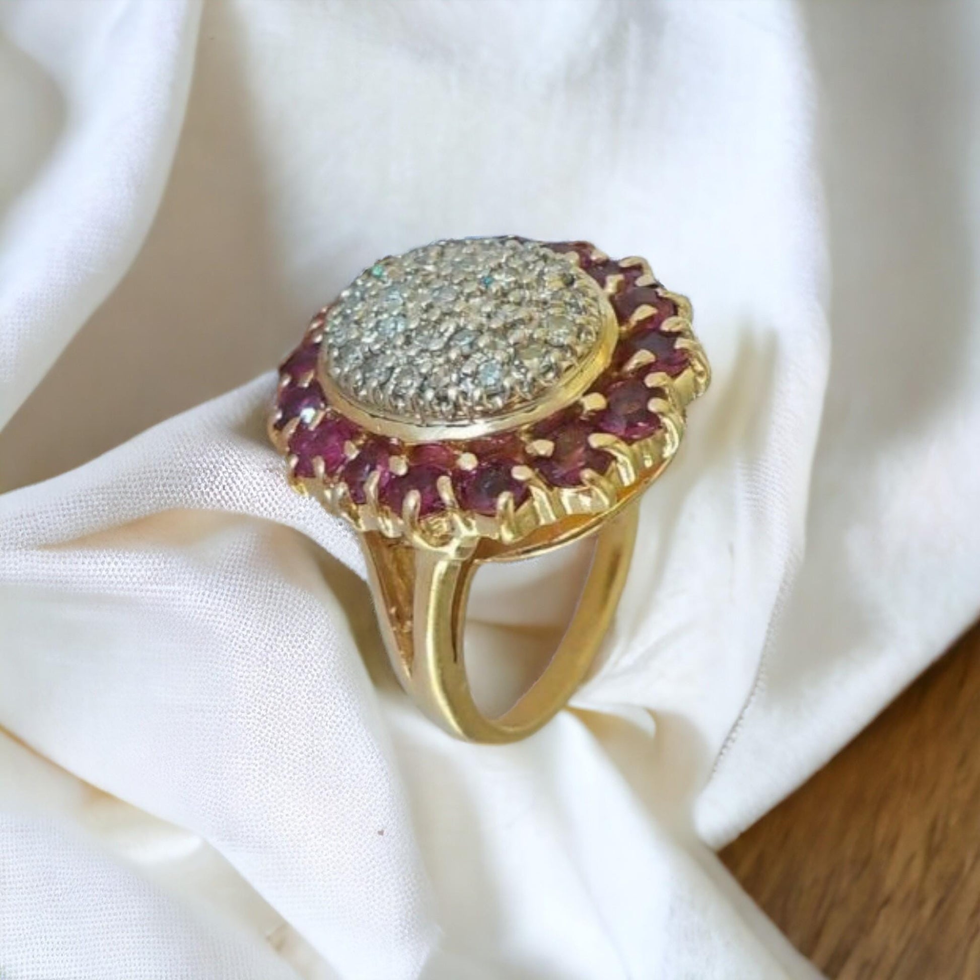 Antique-inspired CZ ruby & white stone ring, 925 silver, Art Deco style