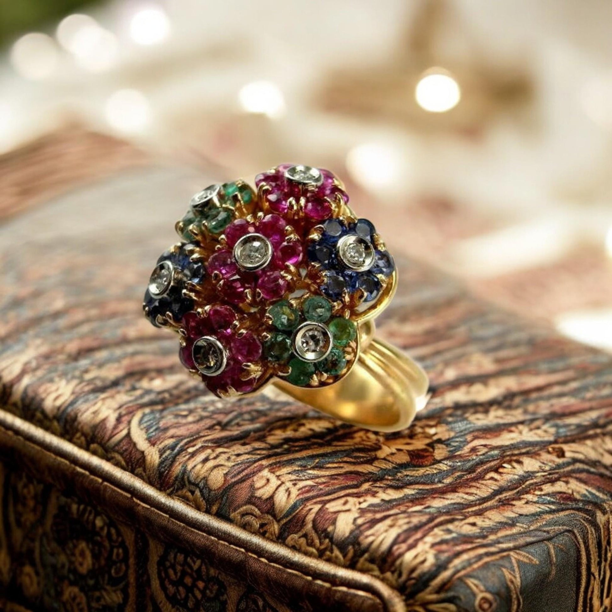 Antique cocktail ring, floral design, 18K gold-plated, vintage jewelry