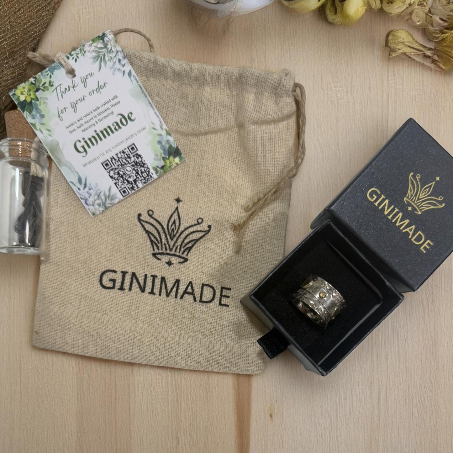 925 Sterling Silver Spinner Ring with Gold Heart – Handmade Textured Meditation Band for Women & Men, Boho Thumb Ring