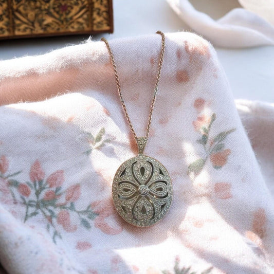 Vintage Italy Silver 925 Diffuser Locket CZ Diamond Pendant with thin chain,Floral Filigree Locket gift for her.
