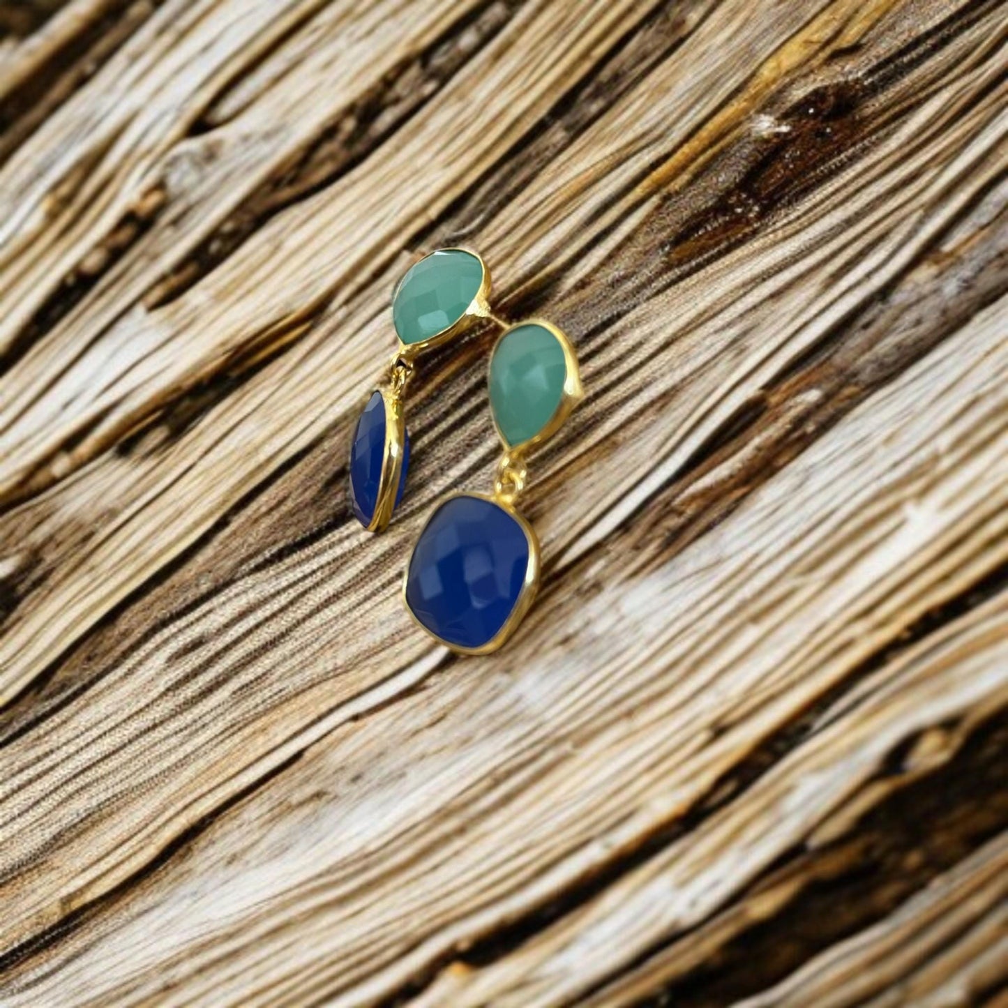 Minimalist Green & Blue Gemstone Earrings | Handmade Gold Plated Dangle Earrings | Brass Drop Jewelry Gift for Her