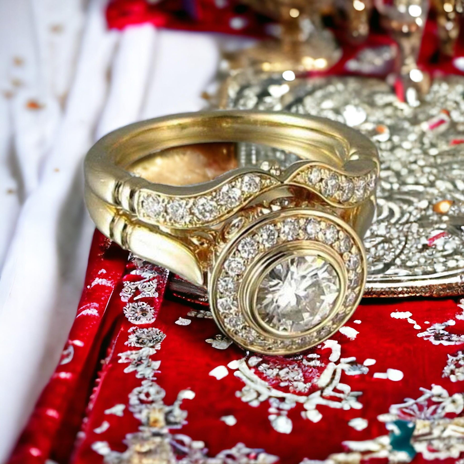 Vintage 925 silver twin wedding ring set, lab-grown diamonds, antique-style