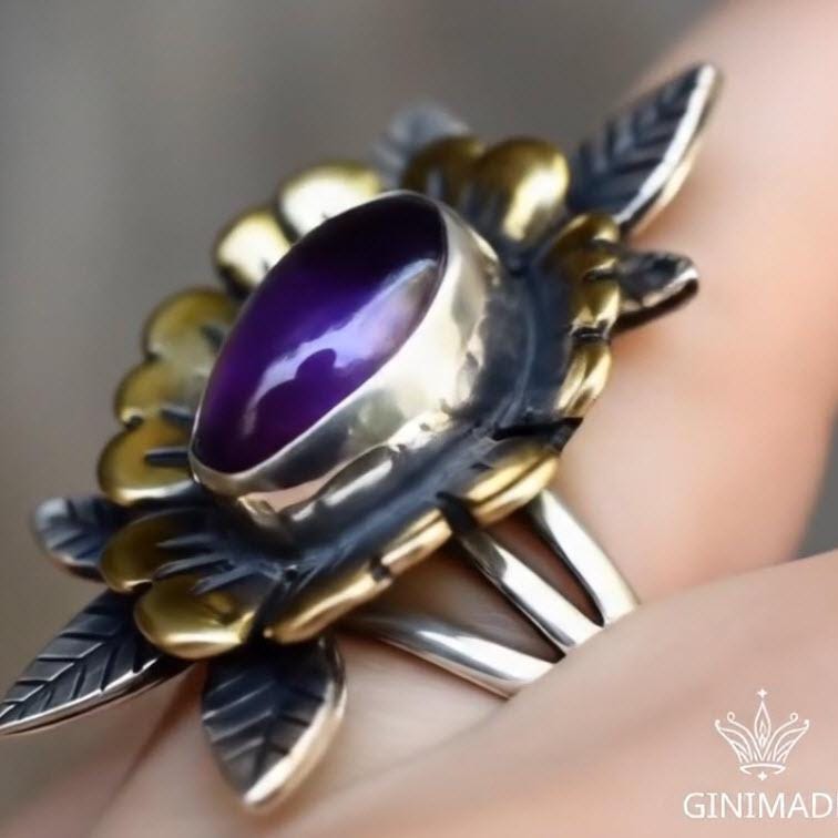 Amethyst Statement Ring – Boho Floral two tone Leaf Design – Handmade Silver Nature Jewelry