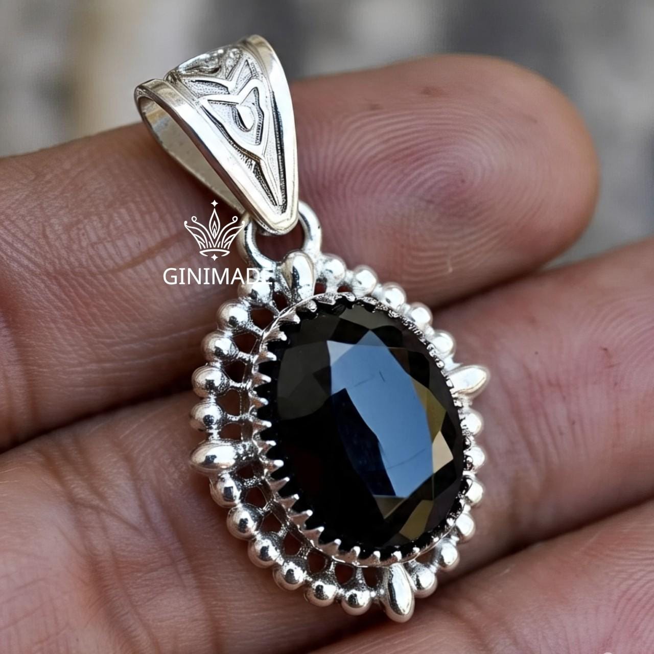 Handcrafted Black Onyx Pendant in Vintage Sterling Silver | Boho Gothic Oval Gemstone Necklace | Artisan Indian Jewelry Gift for Her