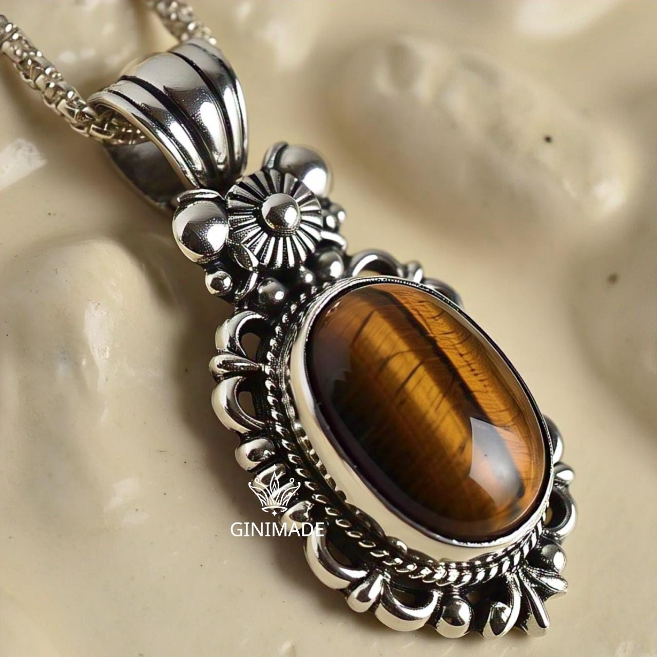 Handmade Boho Tiger Eye Pendant | Sterling Silver Gemstone Jewelry | Vintage Style Oval Necklace | Bohemian Statement Pendant