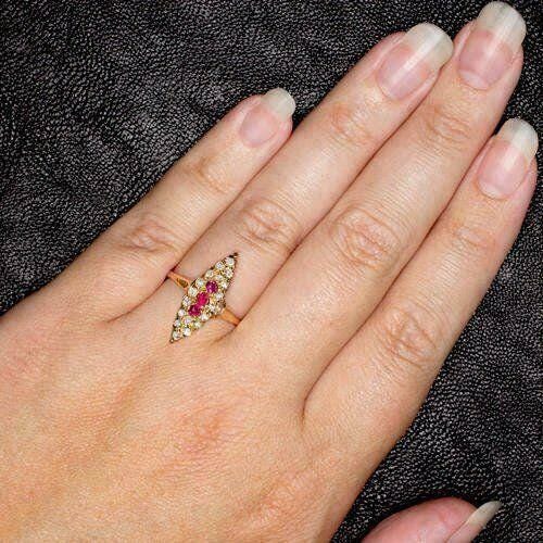 Victorian Marquise Ruby & CZ Ring | Antique Style Gold Ring | Long Statement Gemstone Ring | Vintage Inspired Jewelry for Her