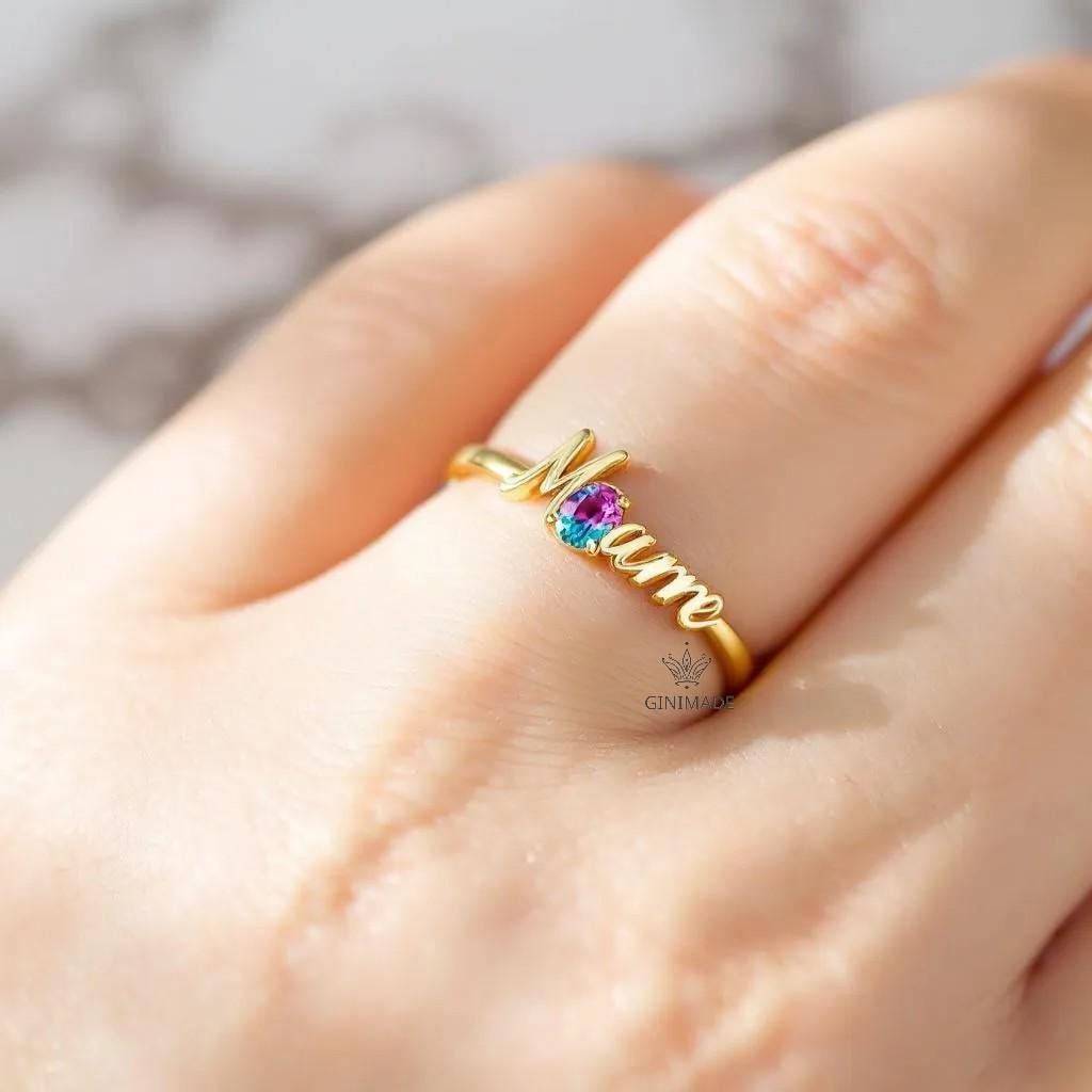 Custom Name Birthstone Ring • CZ Personalized Name Ring • Dainty Stacking Jewelry • Graduation Gift • Gift for Her • Proposal Ring