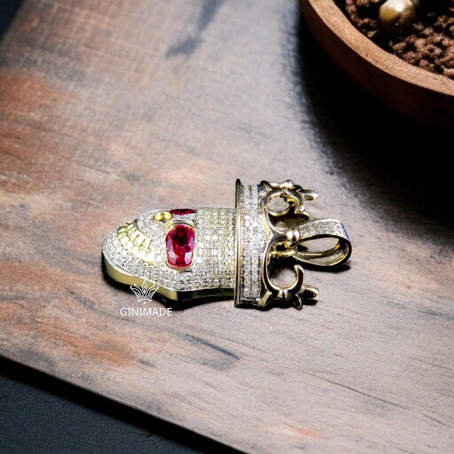 Crowned Skull Pendant with Ruby Eyes – Iced Out Hip Hop Jewelry for Men, Statement Bling Pendant by GINIMADE