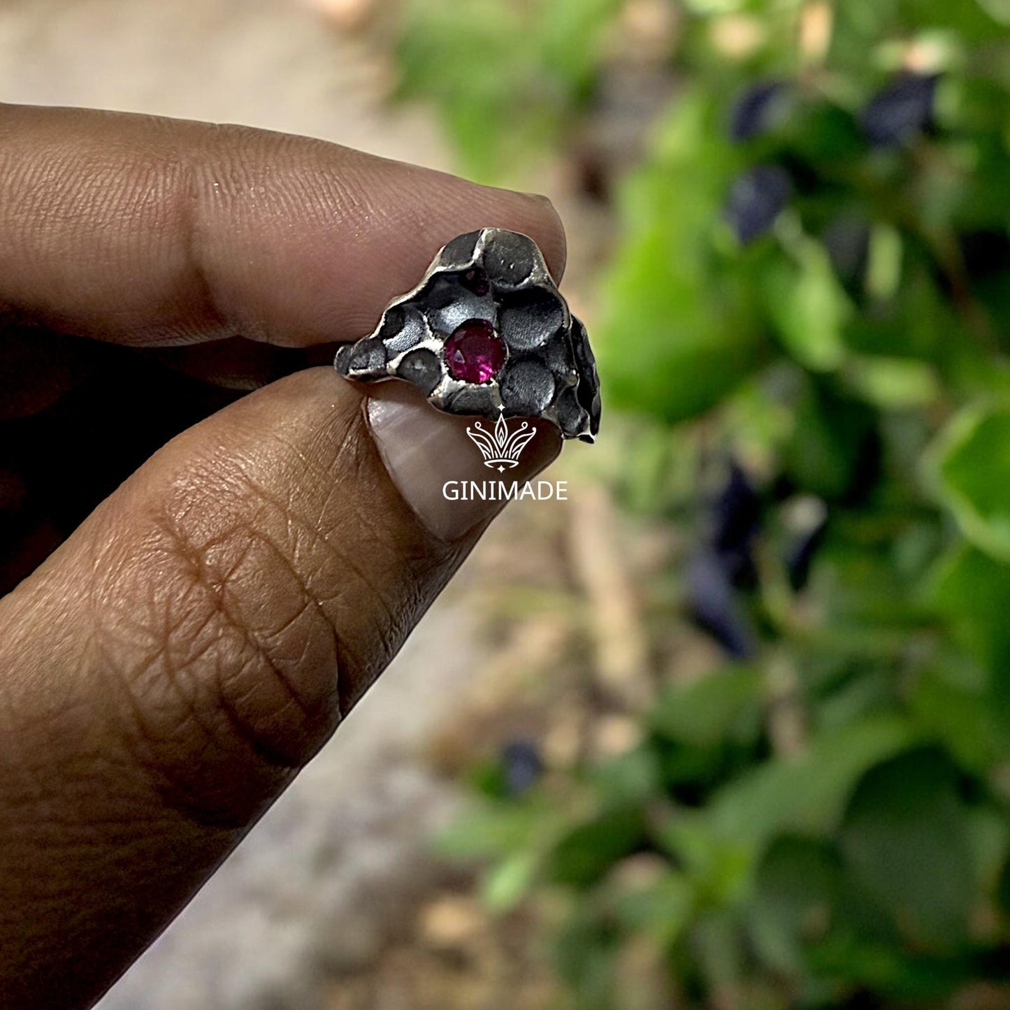 Handcrafted 925 Silver Crater Ring with CZ Ruby – Raw Textured Statement Ring, Unique Artisan Jewelry