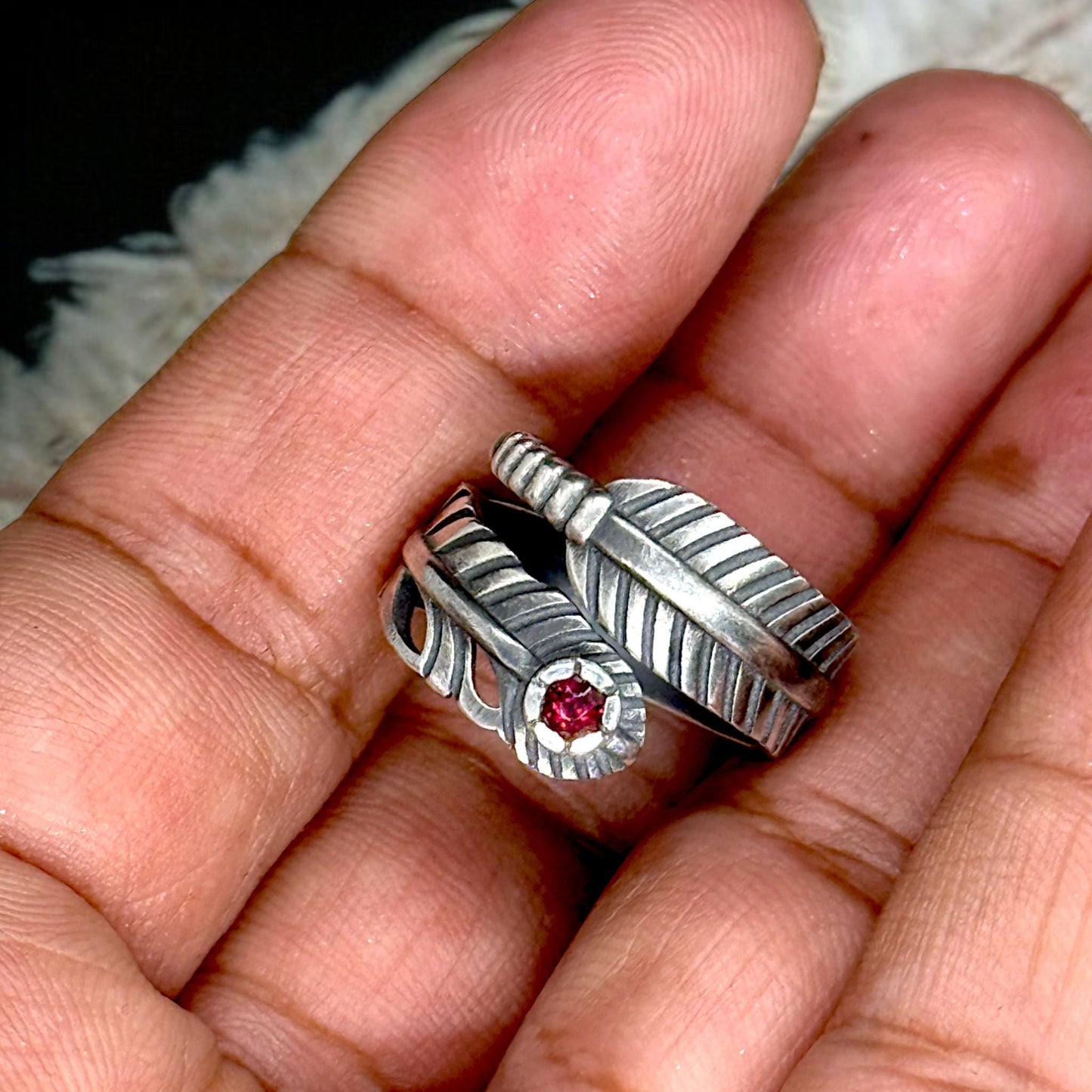 Feather Wrap Ring with Natural Rhodolite | 925 Sterling Silver Boho Ring | Adjustable Bird Feather Ring | Gift for Her | Handmade Jewelry.