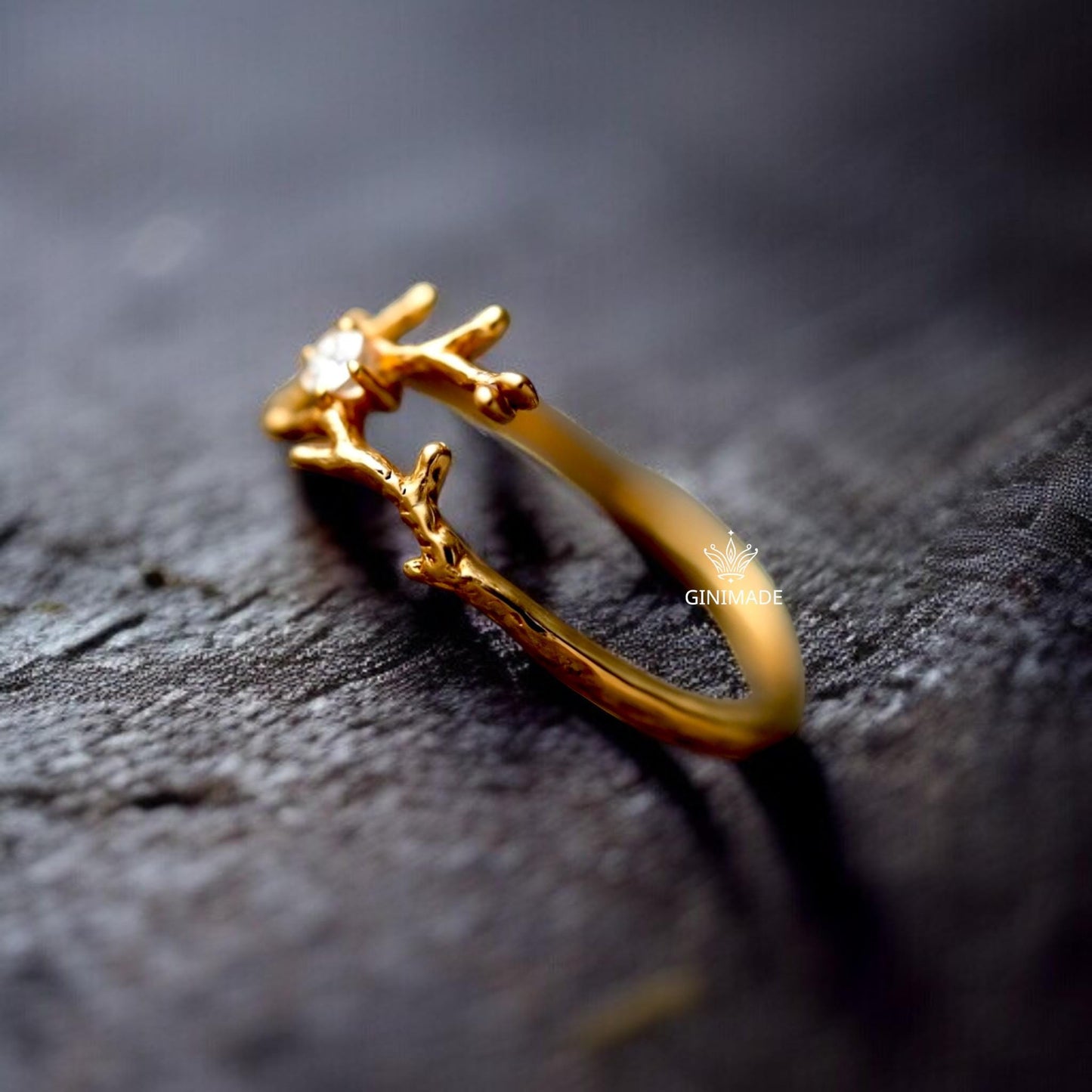 Gold Twig Branch Ring with CZ Diamond | Nature Inspired Gold Plated Band | Woodland Engagement Ring | Dainty Tree Branch Jewelry Gift