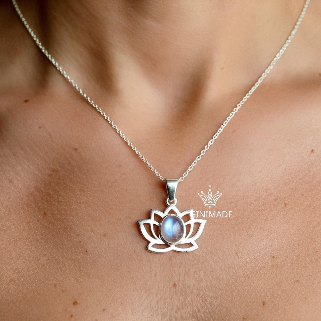 Moonstone Lotus Necklace, Silver or Gold Pendant Necklace, Handmade Jewelry for Women, Dainty Necklace Gift for Her, Spiritual Boho Jewelry