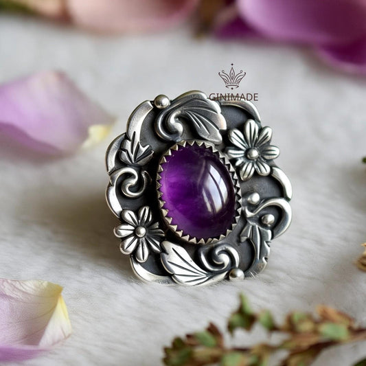 Bold Amethyst Ring – Bohemian Nature-Inspired Silver Jewelry – Floral Leaf Design