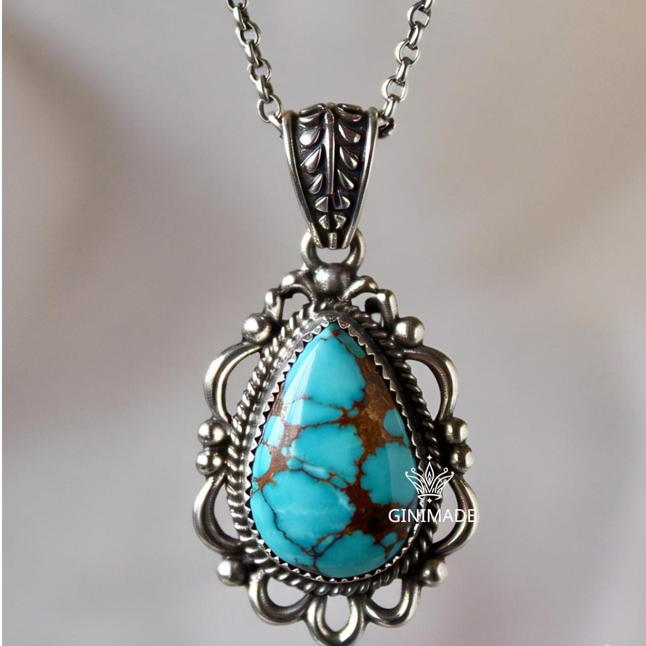 Copper turquoise Pendant Pear – 925 Sterling Silver Boho Necklace, Natural Gemstone Jewelry, Handmade Vintage Gift for Her