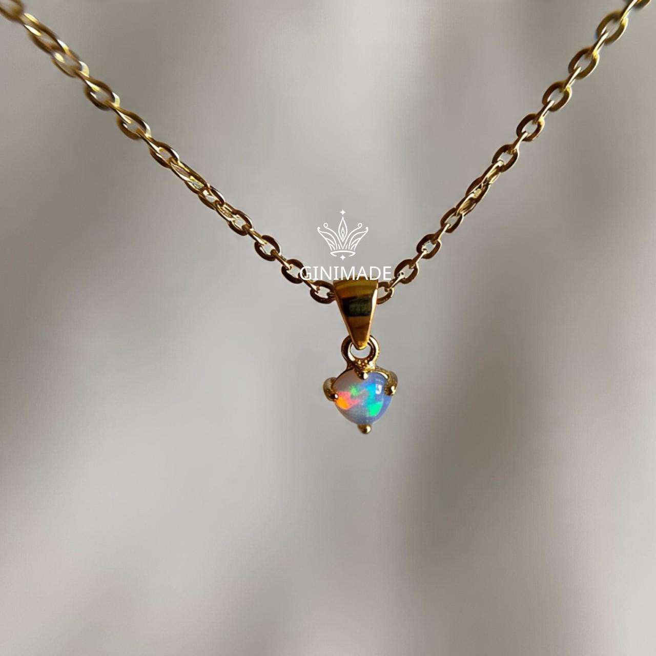 Tiny Opal Gold Necklace – Dainty Round October Birthstone Pendant, Minimalist Gold Jewelry, Bridesmaid Gift, Birthday Gift for Her