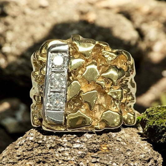 Personalized Nugget Ring – 925 Sterling Silver Statement Ring – Textured Gold & Silver Band – Unique Men’s Jewelry – fathers day gift