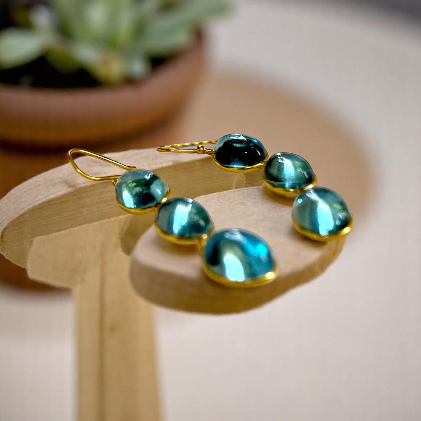 Lush Blue Drops – Handcrafted 3-Stone Brass Earrings – Bohemian Chic Dangle Jewelry for Her