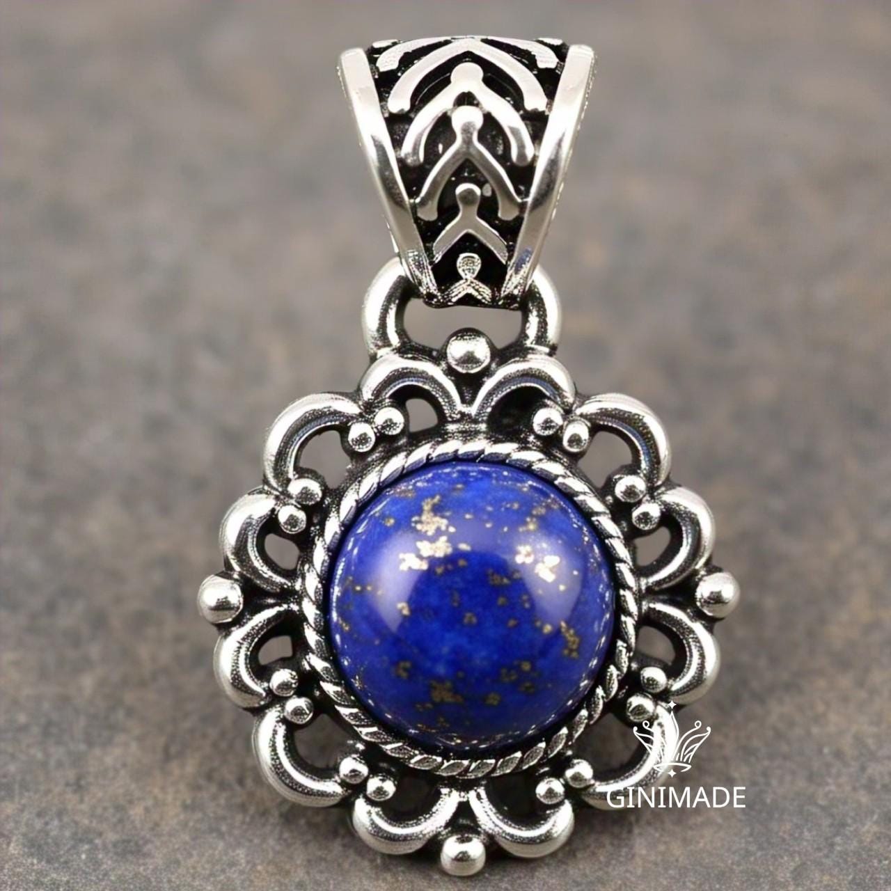 Lapis Lazuli Pendant Necklace – Vintage Boho Silver Filigree Jewelry – Handmade Blue Gemstone Charm – Statement Necklace for Women.