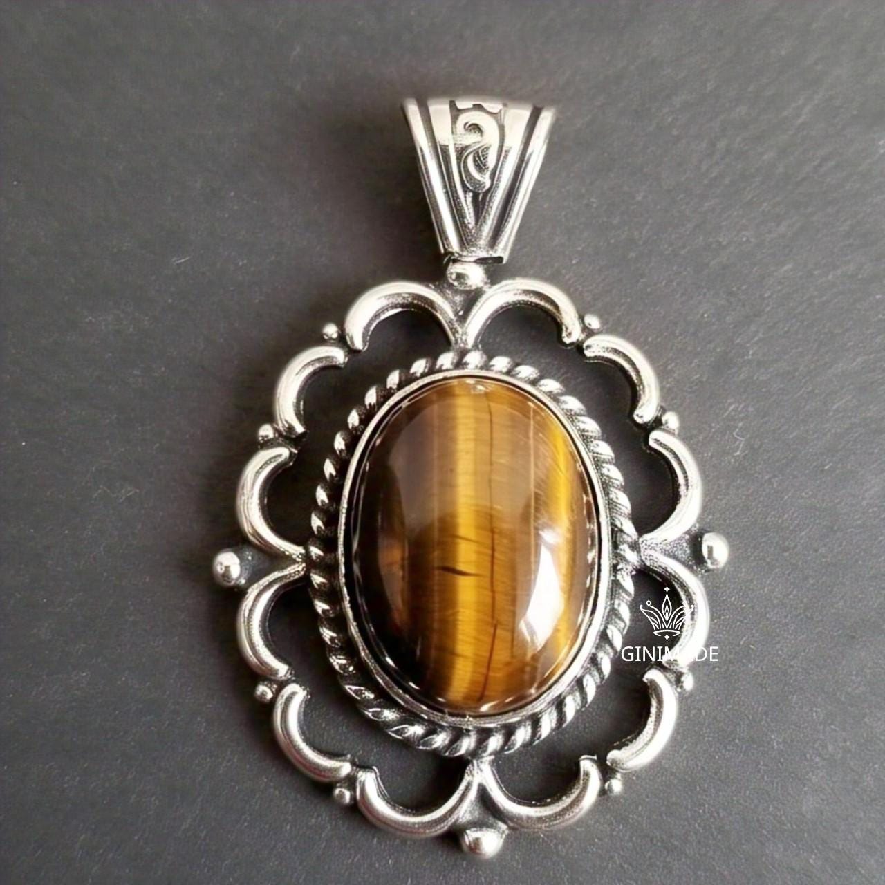 Handmade Boho Tiger Eye Pendant | Sterling Silver Gemstone Jewelry | Vintage Style Oval Necklace | Bohemian Statement Pendant