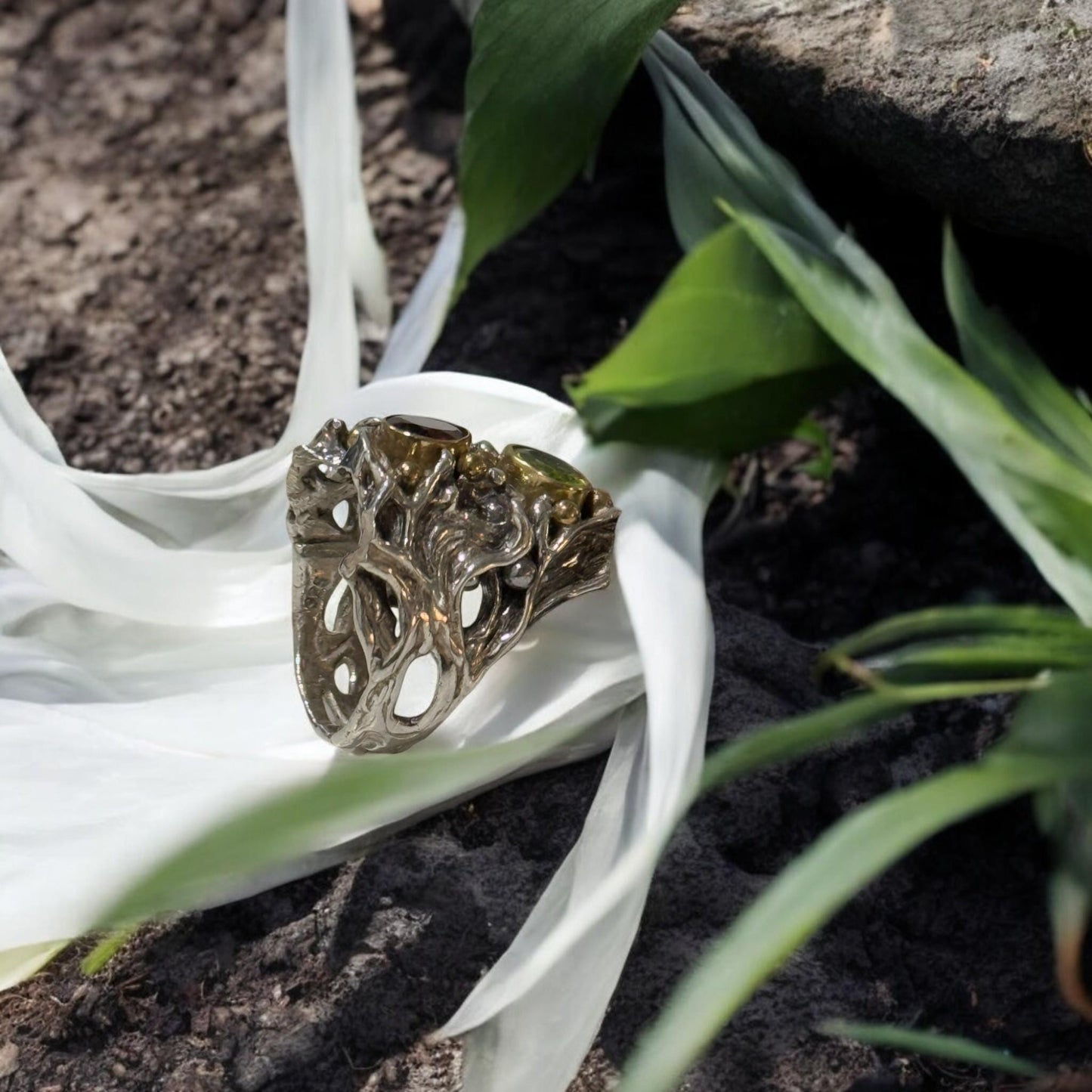 Handmade 925 Sterling Silver Statement Ring with Natural Peridot & Garnet | Artisan Textured Gemstone Ring | Unique Boho Jewelry for Her.