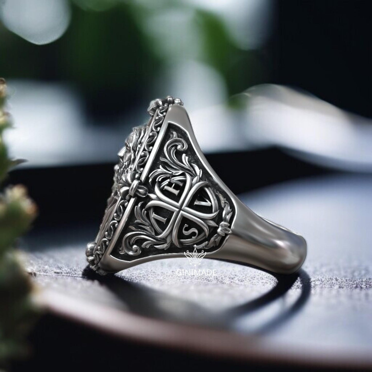 Personalized Jesus Christ Signet Ring | Sterling Silver Religious Ring for Men | Christian IHSV Cross Engraved Ring | Faith Gift for Him