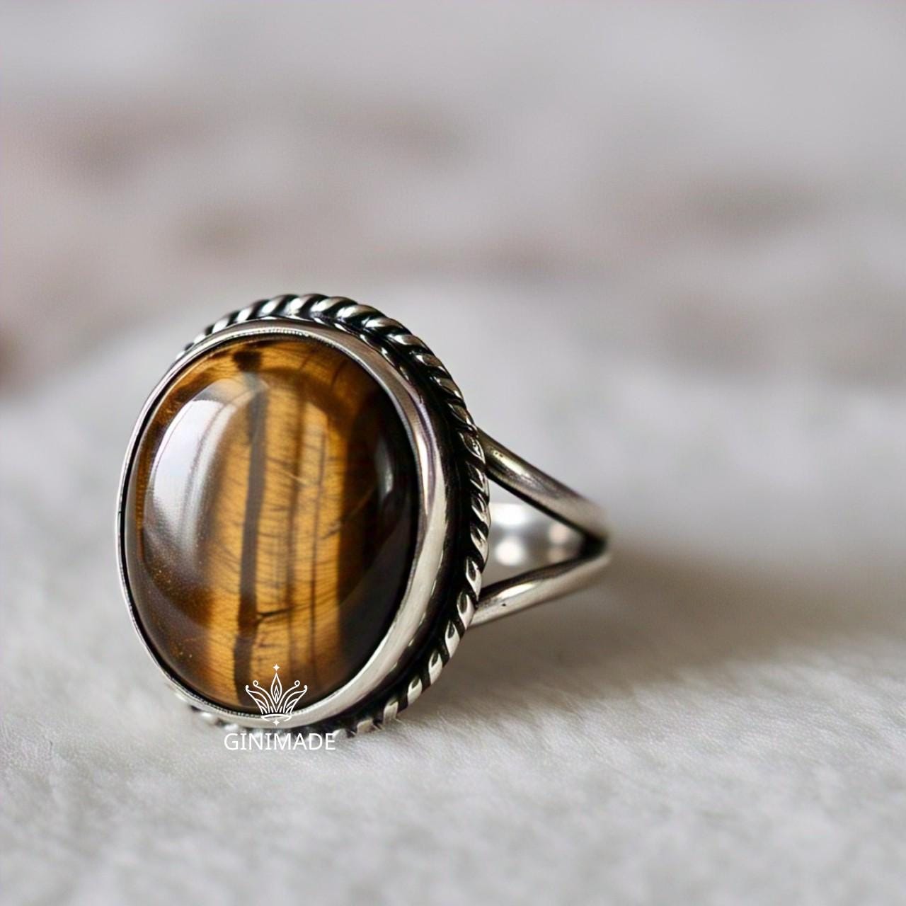 Tiger Eye Ring in Oxidized Sterling Silver – Boho Statement Ring for Men & Women | Vintage Oval Crystal Jewelry.