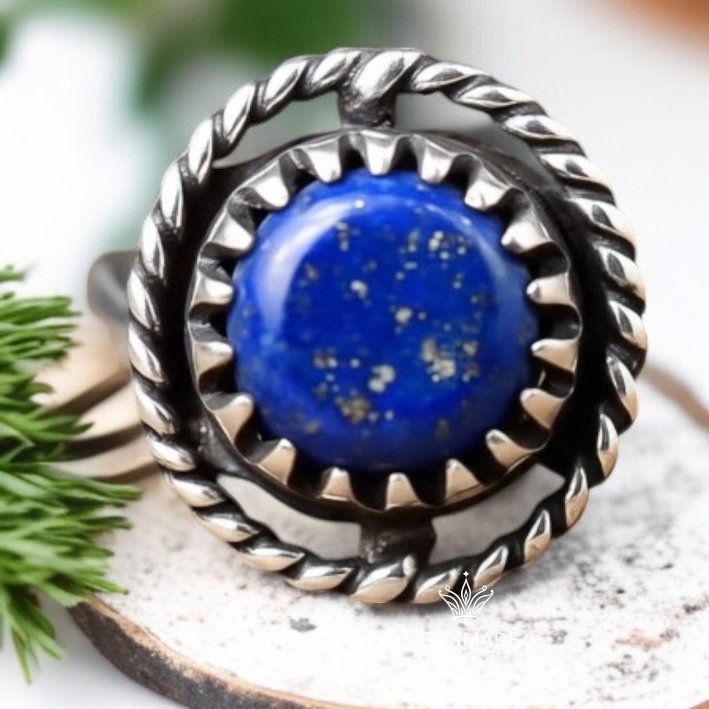 Boho Natural Vintage-Inspired Bohemian Jewelry Lapis Lazuli Ring – Round Gemstone in 925 Sterling Silver,, Handmade Statement Gift for Her