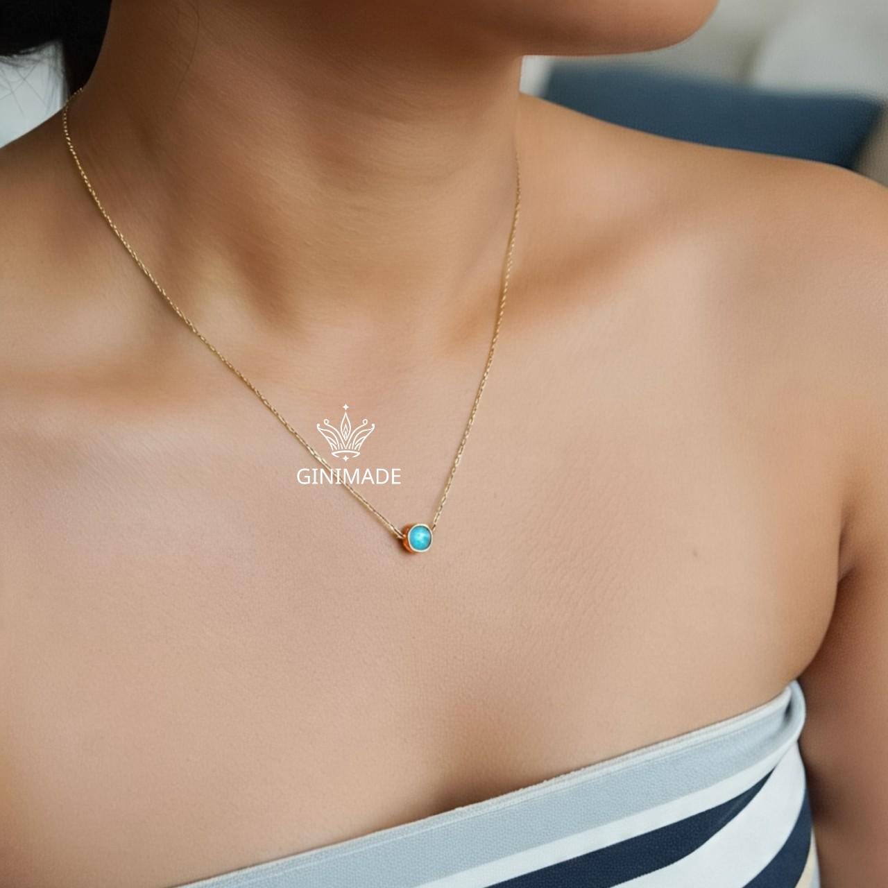 Tiny Opal Gold Necklace – Dainty Round October Birthstone Pendant, Minimalist Gold Jewelry, Bridesmaid Gift, Birthday Gift for Her