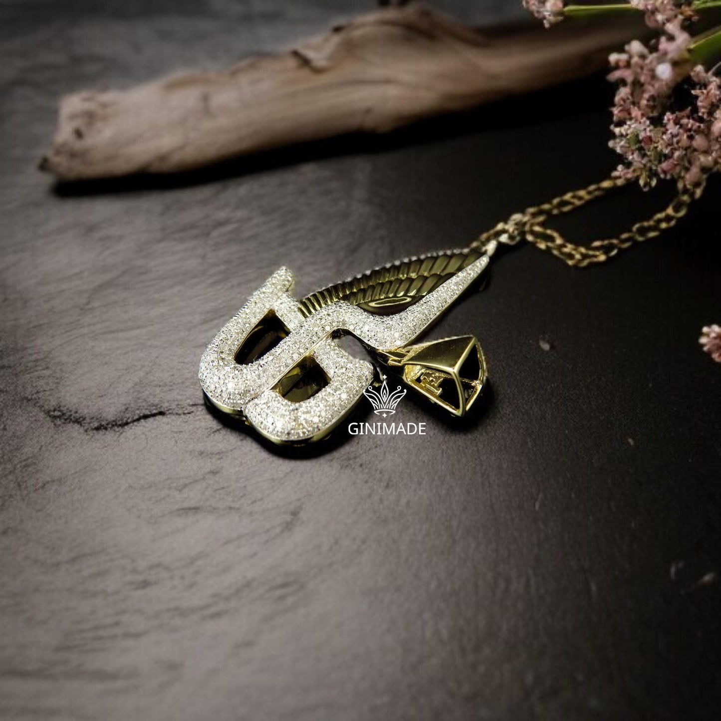 Custom Gold Initial B Pendant with Angel Wing – Iced Out Letter Charm Necklace for Men & Women.