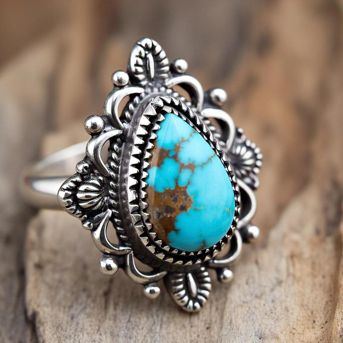 Copper turquoise Rings – Pear Gemstone in 925 Sterling Silver, Boho Natural Vintage-Inspired Bohemian Jewelry, Handmade Gift for Her