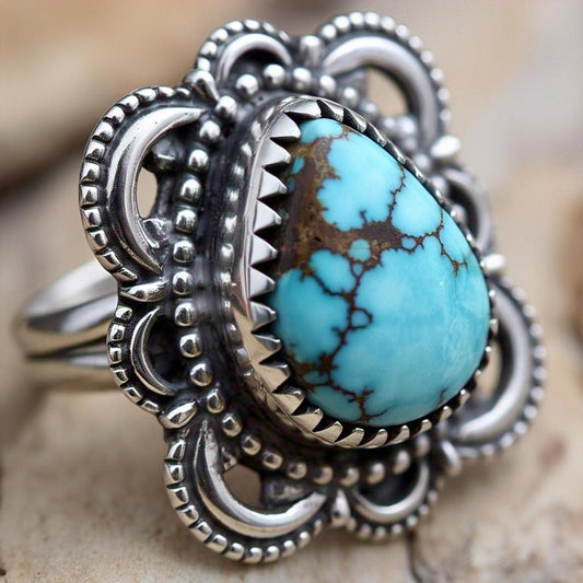 Copper turquoise Rings – Pear Gemstone in 925 Sterling Silver, Boho Natural Vintage-Inspired Bohemian Jewelry, Handmade Gift for Her