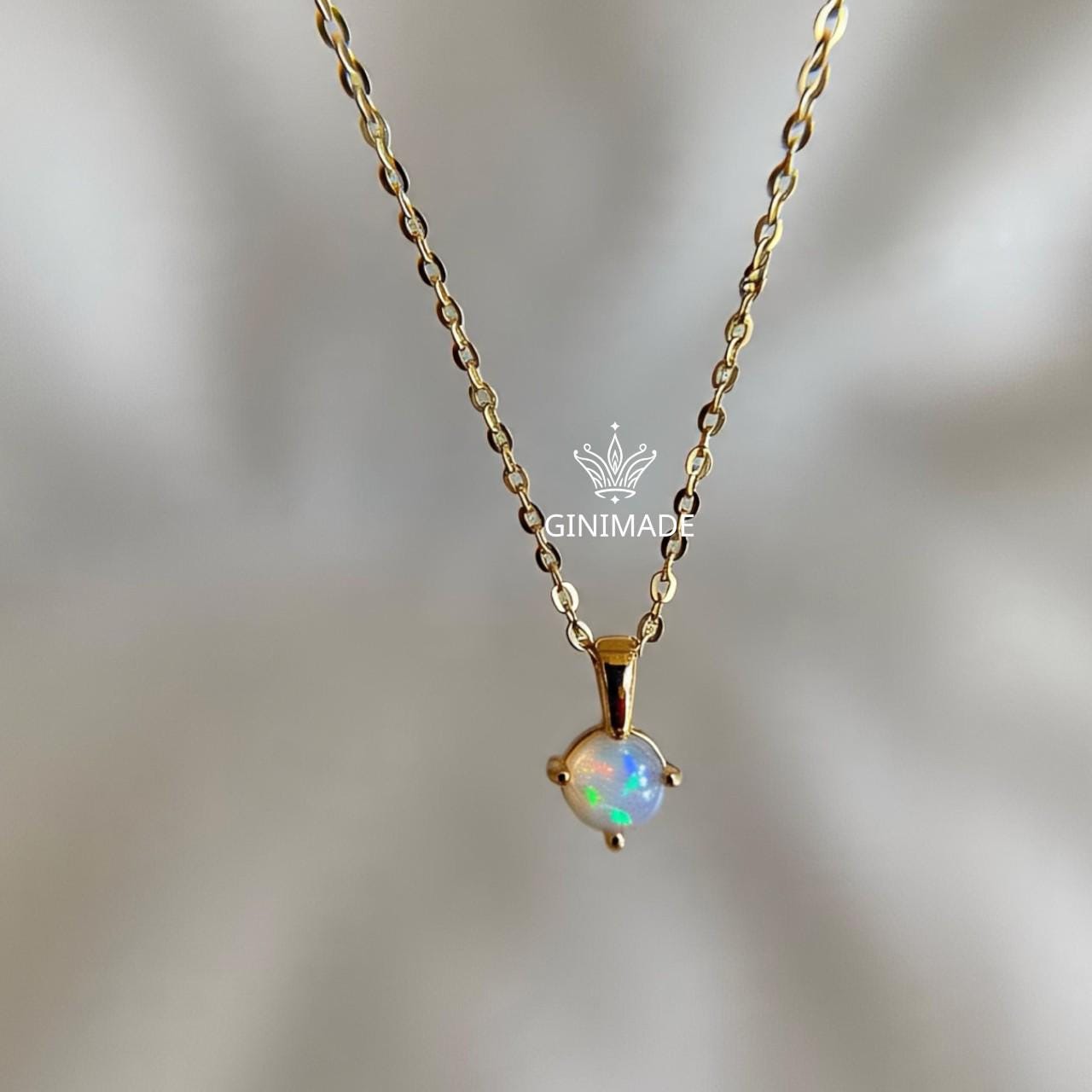 Tiny Opal Gold Necklace – Dainty Round October Birthstone Pendant, Minimalist Gold Jewelry, Bridesmaid Gift, Birthday Gift for Her