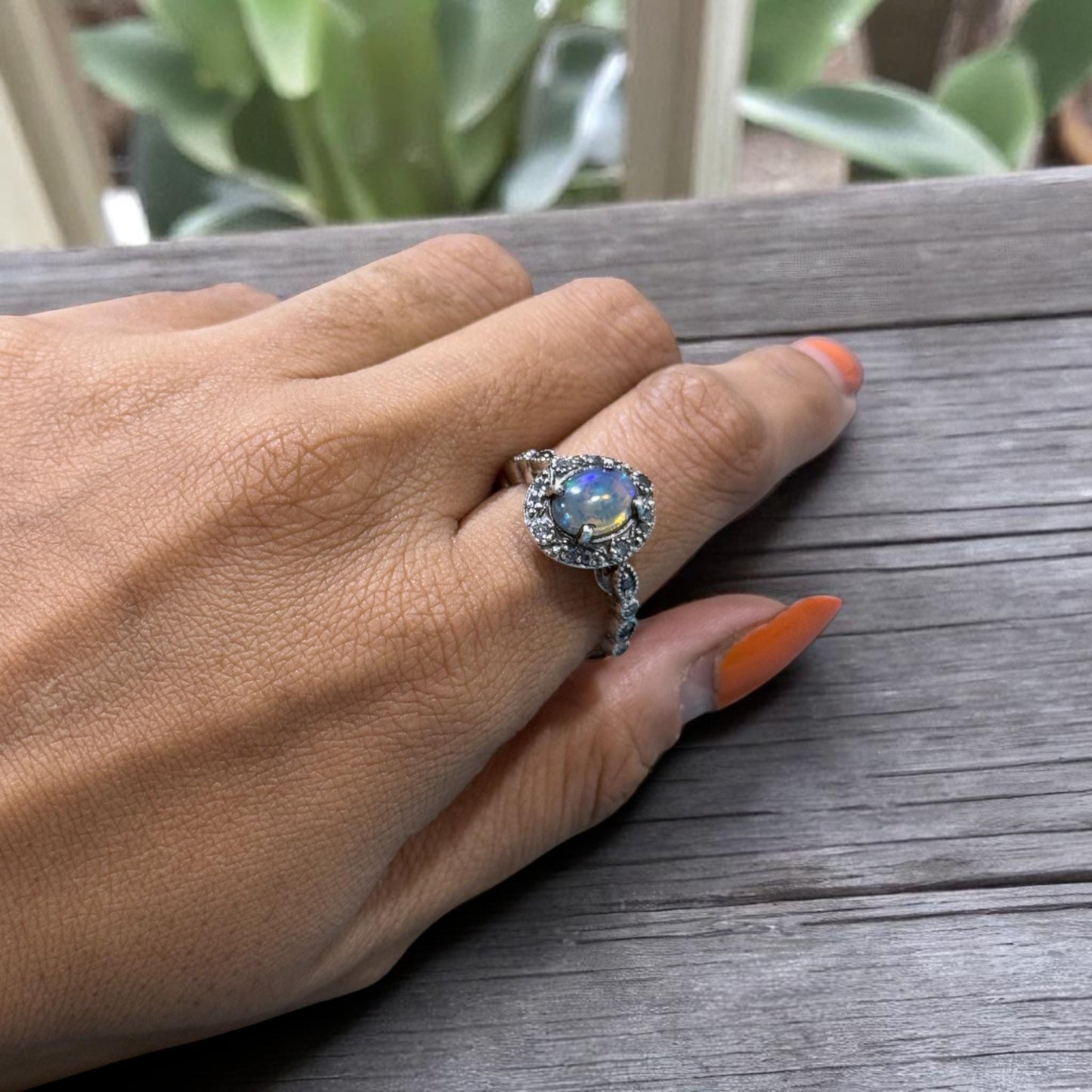 Boho Natural Opal Ring in 925 Sterling Silver – Oval Gemstone with CZ Diamond Accents, Vintage-Inspired Bohemian Jewelry