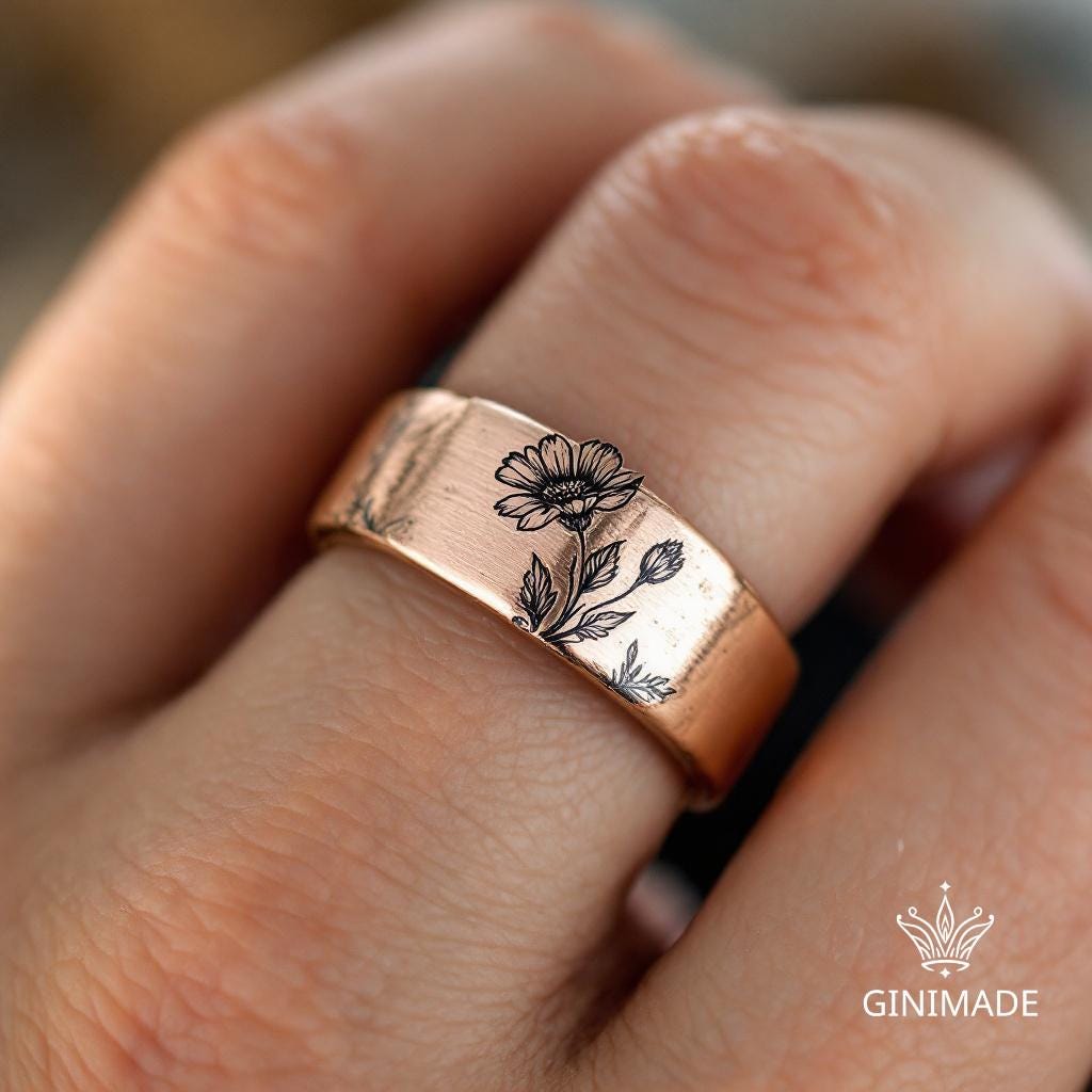 Custom Birth Flower Engraved Ring • Personalized Gold 8mm Wide Band Ring • Floral Birth Month Ring for Men and Women • Handmade Jewelry.