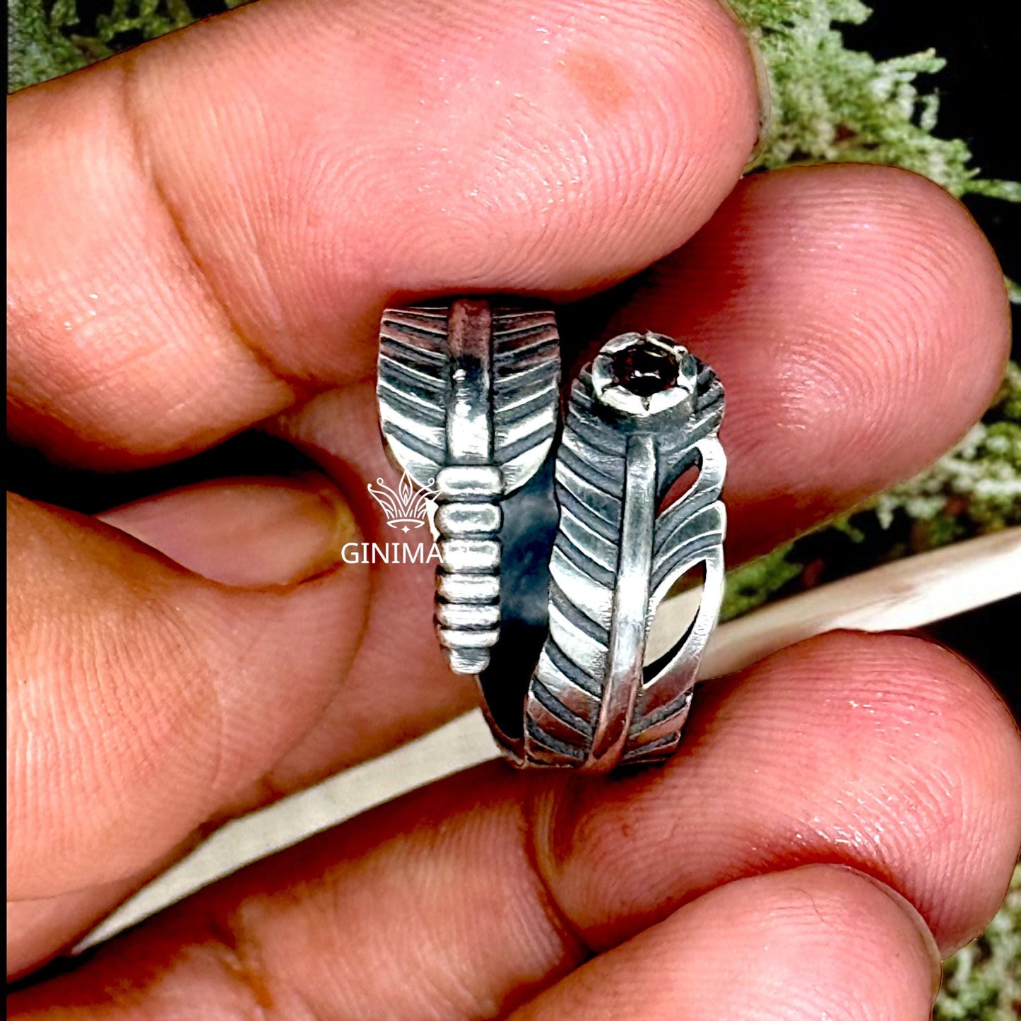 Feather Wrap Ring with Natural Rhodolite | 925 Sterling Silver Boho Ring | Adjustable Bird Feather Ring | Gift for Her | Handmade Jewelry.