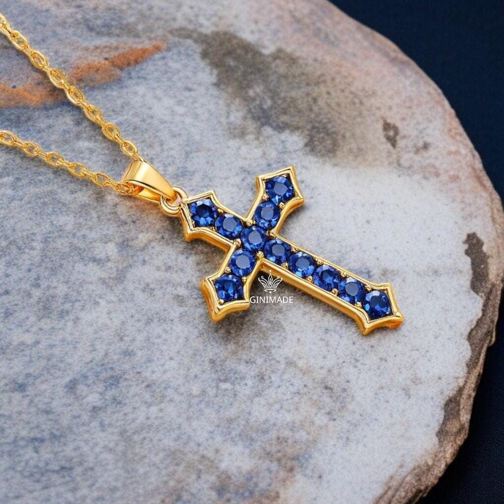 Gold Cross Necklace with Blue CZ – Gothic Christian Pendant – Blue Stone Faith Jewelry – Religious Gift for Him or Her