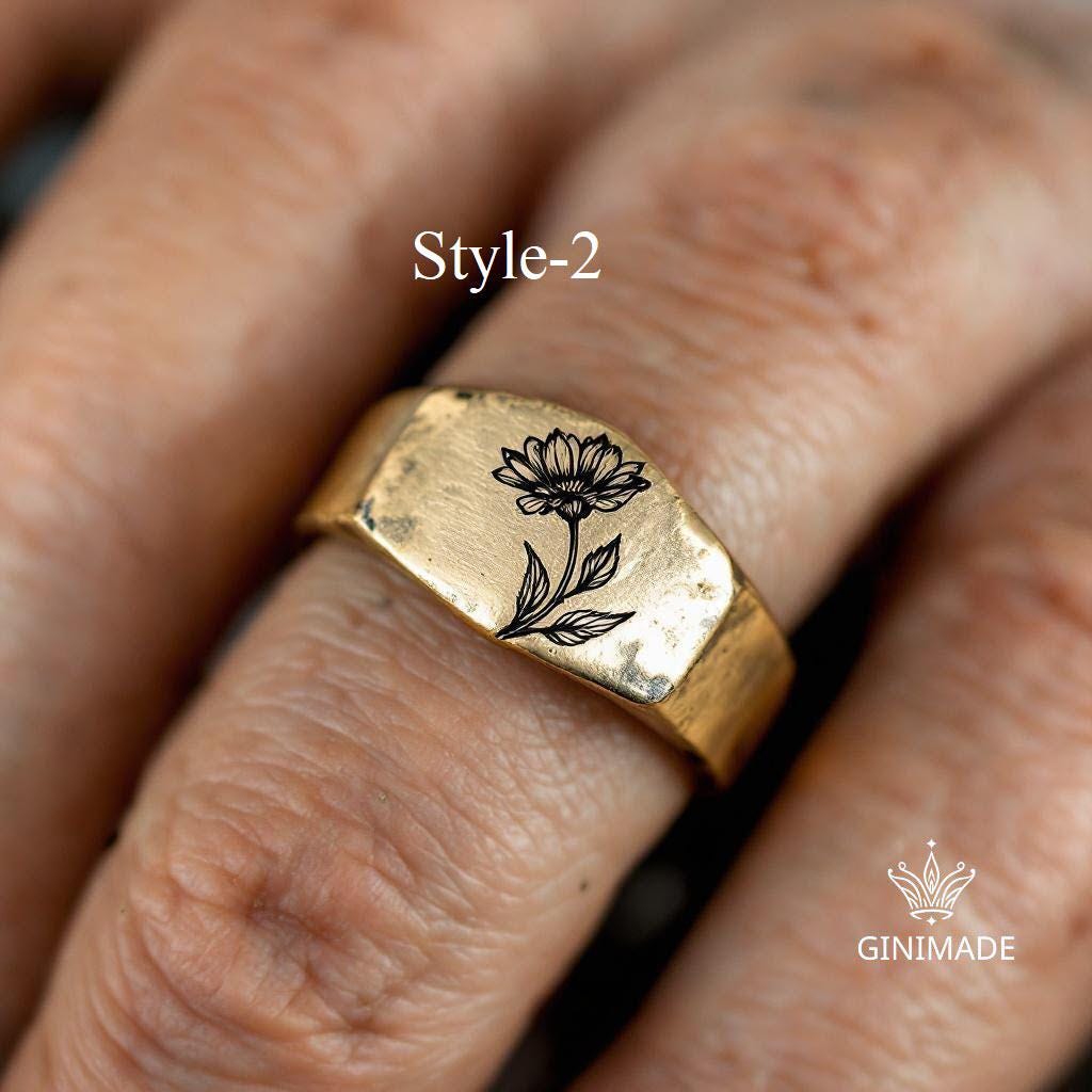 Customized  Birth Flower Ring •  Handmade Family Birth Month Bouquet Ring • Unisex Engraved Floral Ring. Unique Gift.