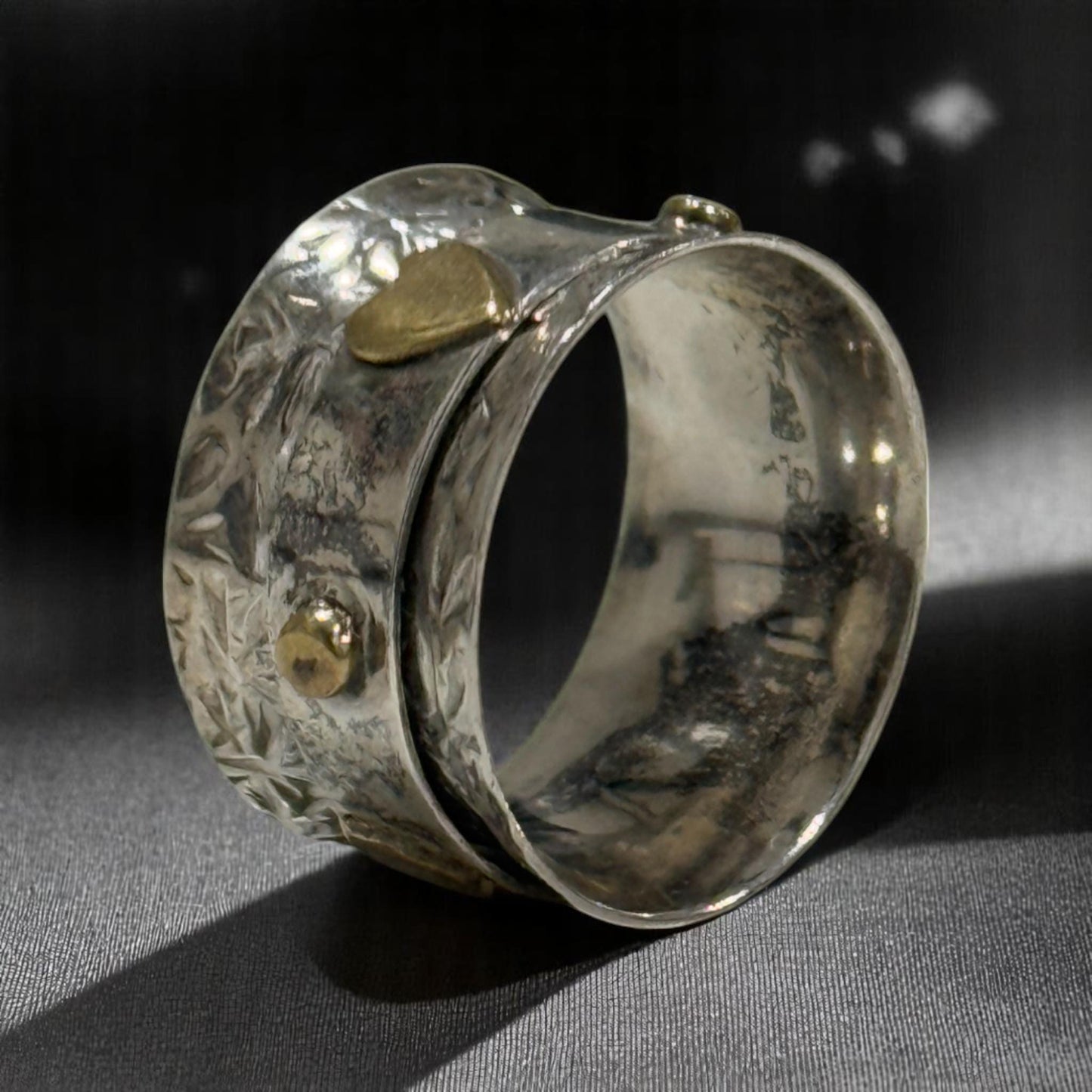 925 Sterling Silver Spinner Ring with Gold Heart – Handmade Textured Meditation Band for Women & Men, Boho Thumb Ring