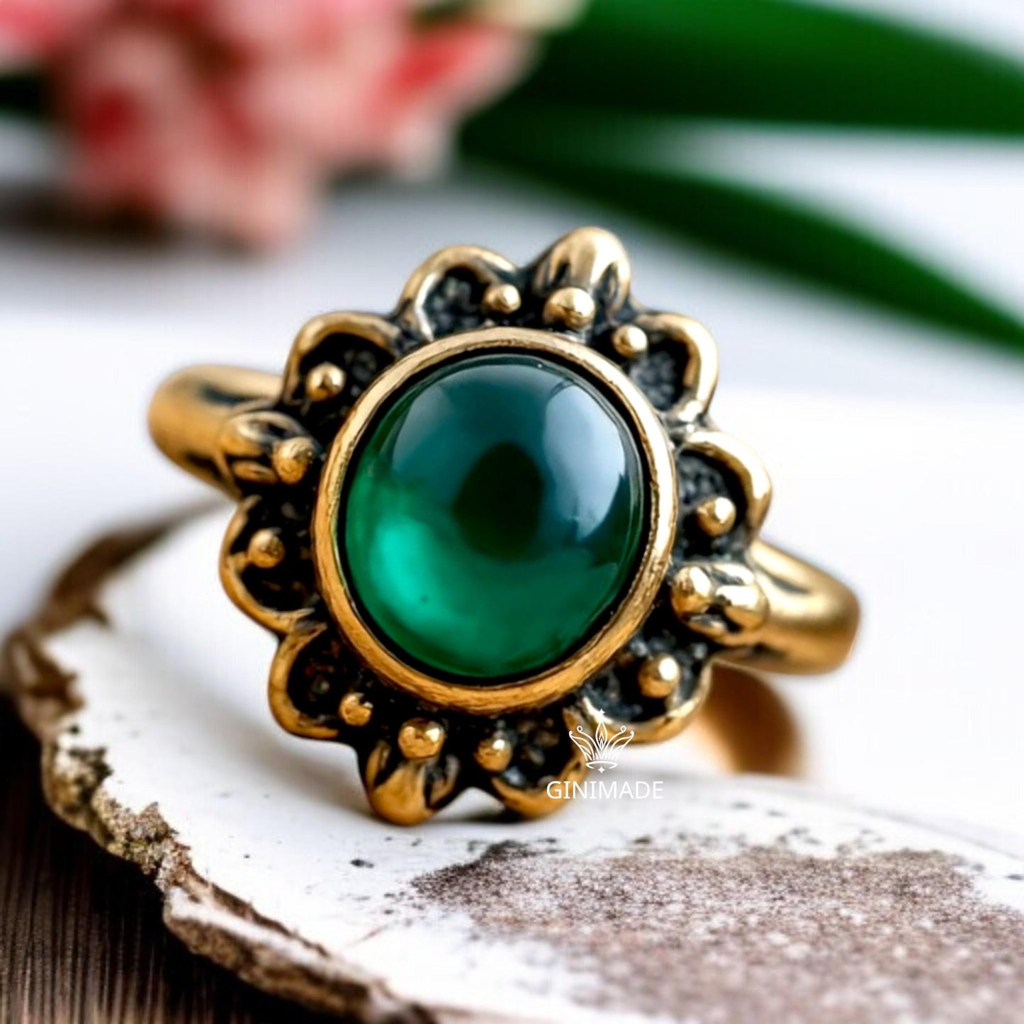 Vintage Emerald Ring – Natural Green Stone in 925 Silver – Boho Engagement or Promise Ring